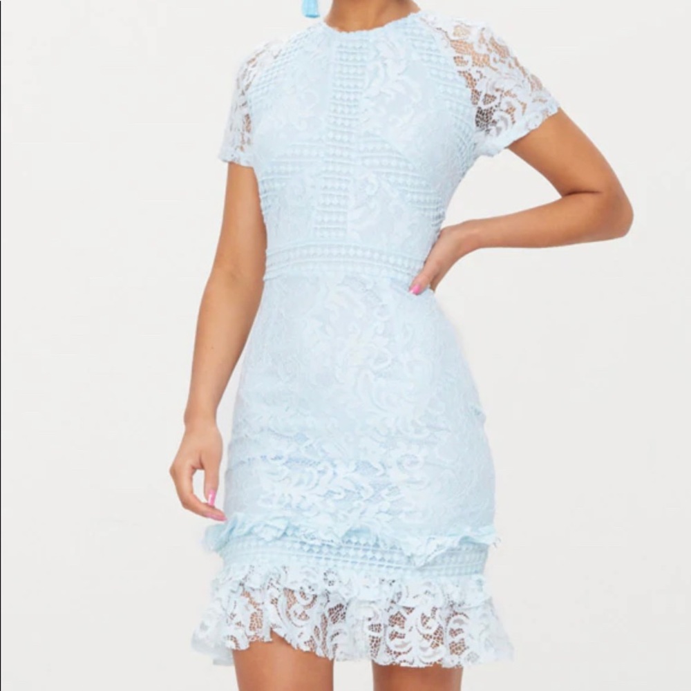 Dusty Blue Frill Hem Lace Bodycon Dress
